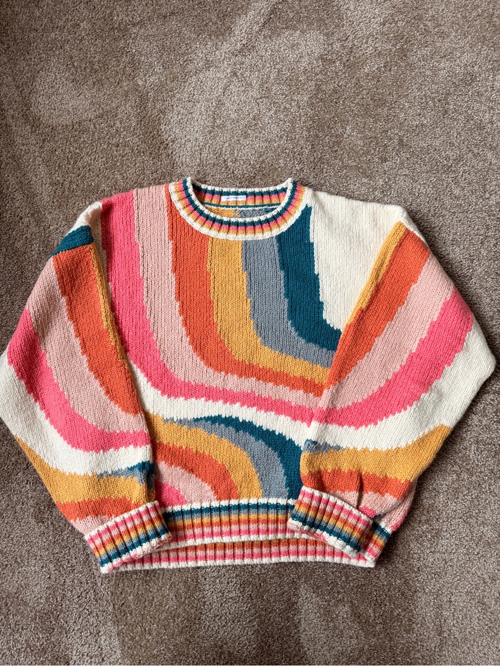 MOTHER Multicolor Wave Crewneck Sweater - Pink, Orange, Teal, Mustard & Cream